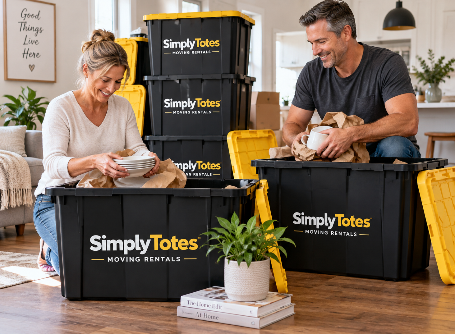 Family frustrated with cardboard boxes next to Simply Totes reusable bins